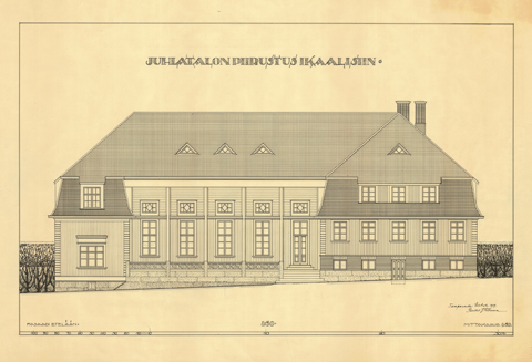 Julkisivupiirustus Ikaalisten juhlatalosta.